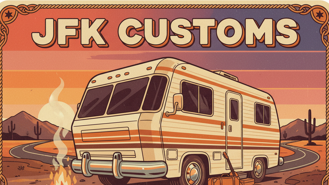 BANNER FOR THE COMPANY JFK CUSTOMS WITH A RETRO BACKGROUND AND AN OLD FASHION RV PARKED BY A FIRE