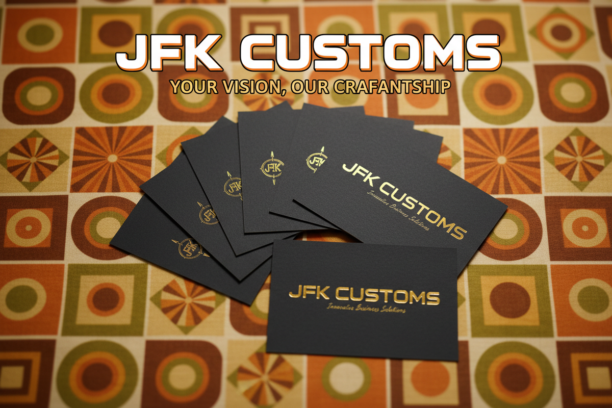 JFK CUSTOMS banner featuring customs business cards with a retro background